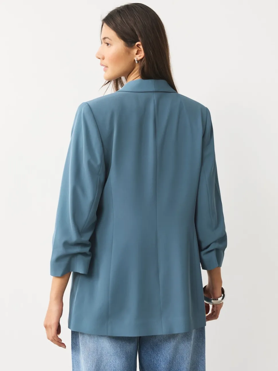 Blauw - Ruimvallend blazer met gerimpelde mouwen