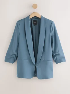 Blauw - Ruimvallend blazer met gerimpelde mouwen