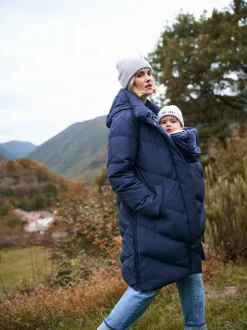 Blauw - Seraphine Lange Chevron 3 in 1 zwangerschaps- & draagjas met donsvulling