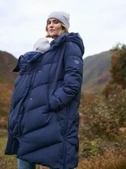 Blauw - Seraphine Lange Chevron 3 in 1 zwangerschaps- & draagjas met donsvulling