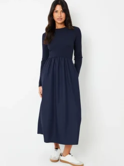 Blauw - Threadbare geribbelde jersey 2-in-1 midi-jurk met poplin rok