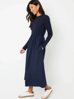 Blauw - Threadbare geribbelde jersey 2-in-1 midi-jurk met poplin rok