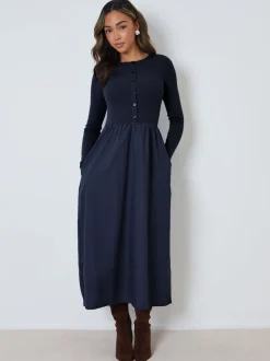Blauw - Threadbare 2-in-1 Jersey Poplin Mix Button Down Dress
