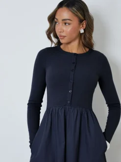 Blauw - Threadbare 2-in-1 Jersey Poplin Mix Button Down Dress