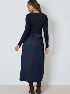 Blauw - Threadbare 2-in-1 Jersey Poplin Mix Button Down Dress