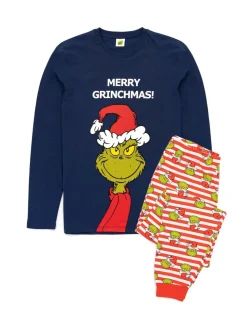 Blauw - Vanilla Underground 100% katoenen The Grinch Unisex pyjama met lange mouwen, lange pijpen en Merry Grinchmas-kerstslogan