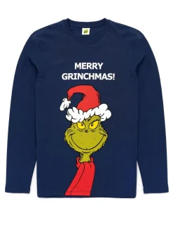 Blauw - Vanilla Underground 100% katoenen The Grinch Unisex pyjama met lange mouwen, lange pijpen en Merry Grinchmas-kerstslogan