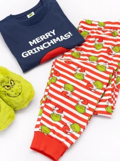 Blauw - Vanilla Underground 100% katoenen The Grinch Unisex pyjama met lange mouwen, lange pijpen en Merry Grinchmas-kerstslogan