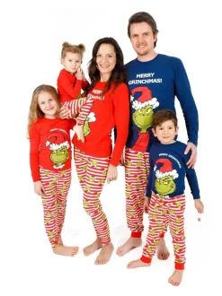 Blauw - Vanilla Underground 100% katoenen The Grinch Unisex pyjama met lange mouwen, lange pijpen en Merry Grinchmas-kerstslogan