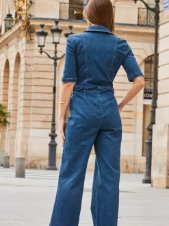 Blauw chroom - Sosandar jumpsuit van denim met rits en wijde pijpen