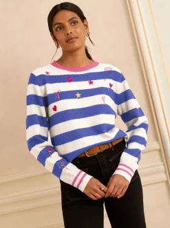 Blauw en ivoorwit - Love & Roses Stripe Embroidered Jumper
