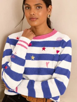 Blauw en ivoorwit - Love & Roses Stripe Embroidered Jumper