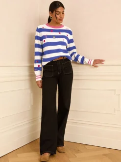 Blauw en ivoorwit - Love & Roses Stripe Embroidered Jumper
