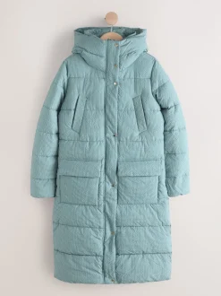 Blauw geruit - Regenbestendige gewatteerde lange jas met capuchon