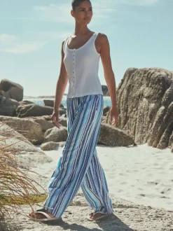 Blauw gestreept - Broek met wijde pijpen en elastische taille