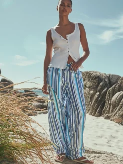 Blauw gestreept - Broek met wijde pijpen en elastische taille