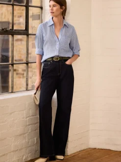 Blauw gestreept - Soft Relaxed Long Sleeve V Neck Shirt