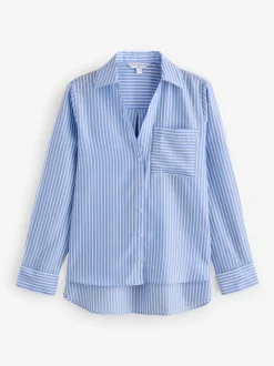 Blauw gestreept - Soft Relaxed Long Sleeve V Neck Shirt