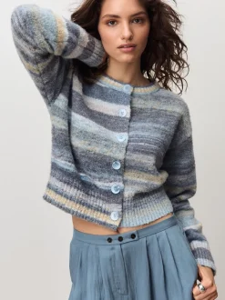 Blauw meerkleurig - Spacedye Knitted Crew Neck Cardigan