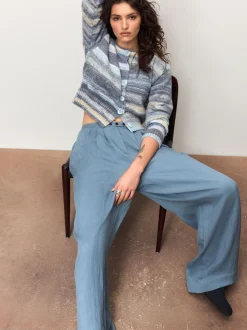 Blauw meerkleurig - Spacedye Knitted Crew Neck Cardigan