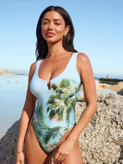Blauw met jungleprint - Buikbedekkend badpak met ruime ronde hals