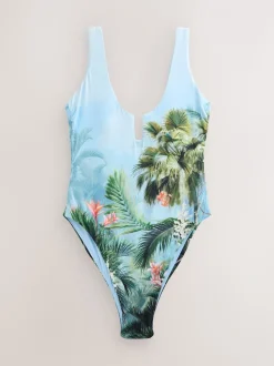 Blauw met jungleprint - Buikbedekkend badpak met ruime ronde hals