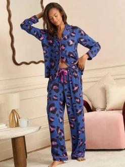 Blauw met luipaardprint - Love & Roses Button Down Pyjamas Set
