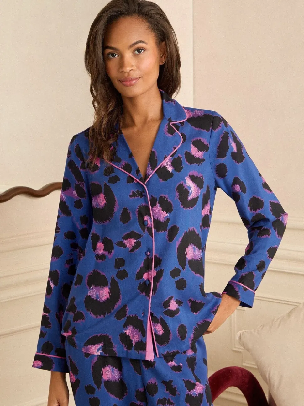 Blauw met luipaardprint - Love & Roses Button Down Pyjamas Set