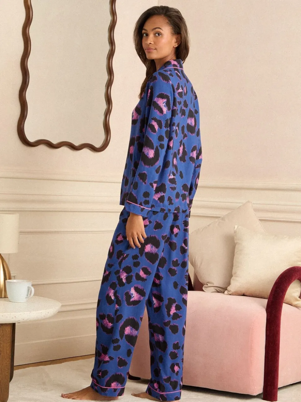 Blauw met luipaardprint - Love & Roses Button Down Pyjamas Set