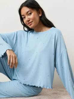 Blauw met sterrenprint - Zachte pyjama met lange mouwen en hartjesprint
