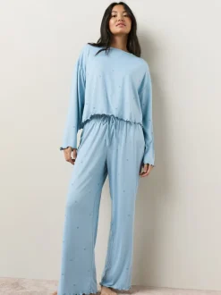 Blauw met sterrenprint - Zachte pyjama met lange mouwen en hartjesprint