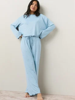 Blauw met sterrenprint - Zachte pyjama met lange mouwen en hartjesprint