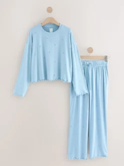 Blauw met sterrenprint - Zachte pyjama met lange mouwen en hartjesprint