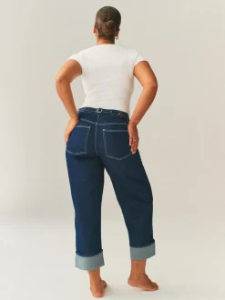 Blauw met wassing - Boyfriend Hourglass Wide Leg Mid Rise Turn Up Jeans
