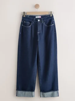 Blauw met wassing - Boyfriend Hourglass Wide Leg Mid Rise Turn Up Jeans