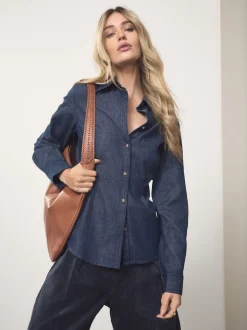 Blauw met wassing - Cinch Waist Fitted Long Sleeve Denim Shirt
