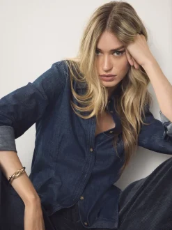 Blauw met wassing - Cinch Waist Fitted Long Sleeve Denim Shirt