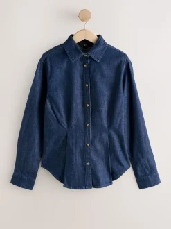 Blauw met wassing - Cinch Waist Fitted Long Sleeve Denim Shirt