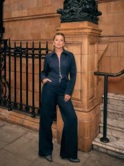 Blauw met wassing - Denim Belted Wide Leg Jumpsuit