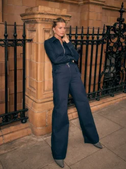 Blauw met wassing - Denim Belted Wide Leg Jumpsuit