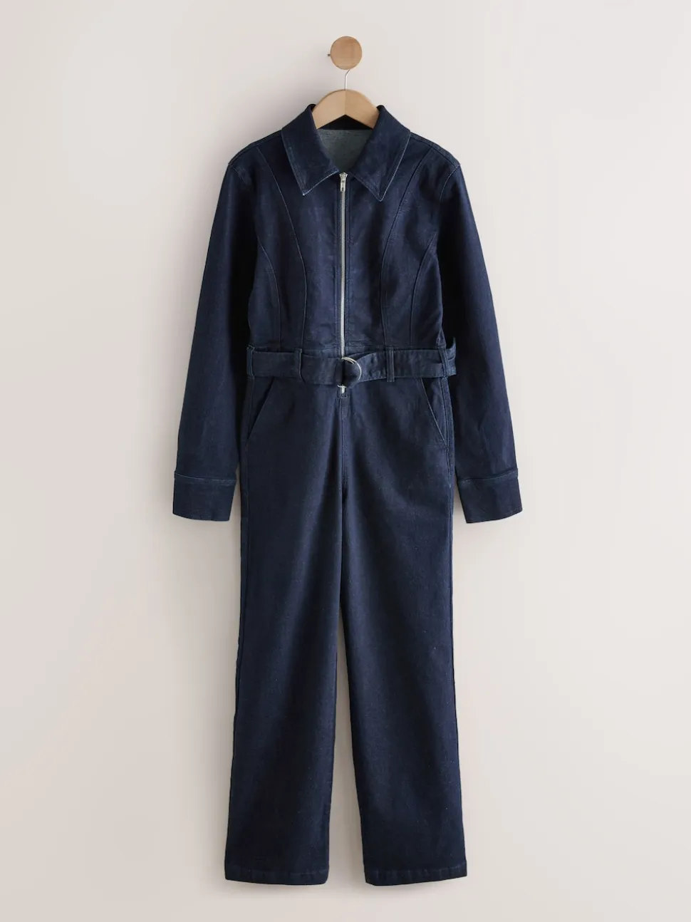Blauw met wassing - Denim Belted Wide Leg Jumpsuit