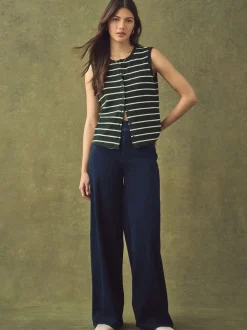 Blauw met wassing - Jersey denim broek met wijde pijpen