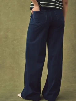 Blauw met wassing - Jersey denim broek met wijde pijpen