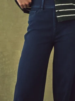 Blauw met wassing - Jersey denim broek met wijde pijpen