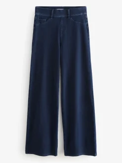 Blauw met wassing - Jersey denim broek met wijde pijpen