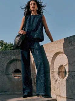 Blauw met wassing - Versierde jeans met wijde pijpen