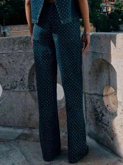 Blauw met wassing - Versierde jeans met wijde pijpen