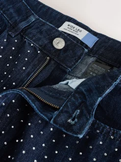 Blauw met wassing - Versierde jeans met wijde pijpen