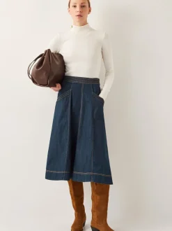 Blauw wit - Monsoon Harper Seamed Denim 100% Cotton Midi Skirt