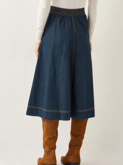 Blauw wit - Monsoon Harper Seamed Denim 100% Cotton Midi Skirt